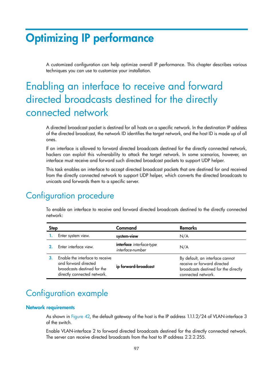 Optimizing ip performance, Configuration procedure, Configuration example | Network requirements | H3C Technologies H3C S12500-X Series Switches User Manual | Page 108 / 206