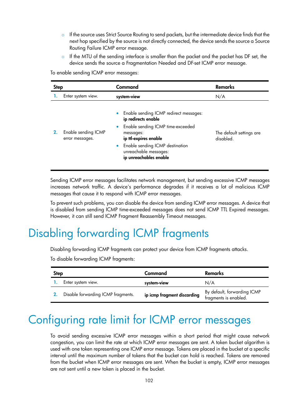 Disabling forwarding icmp fragments, Configuring rate limit for icmp error messages, Configuring basic dhcp snooping | H3C Technologies H3C S12500-X Series Switches User Manual | Page 113 / 206