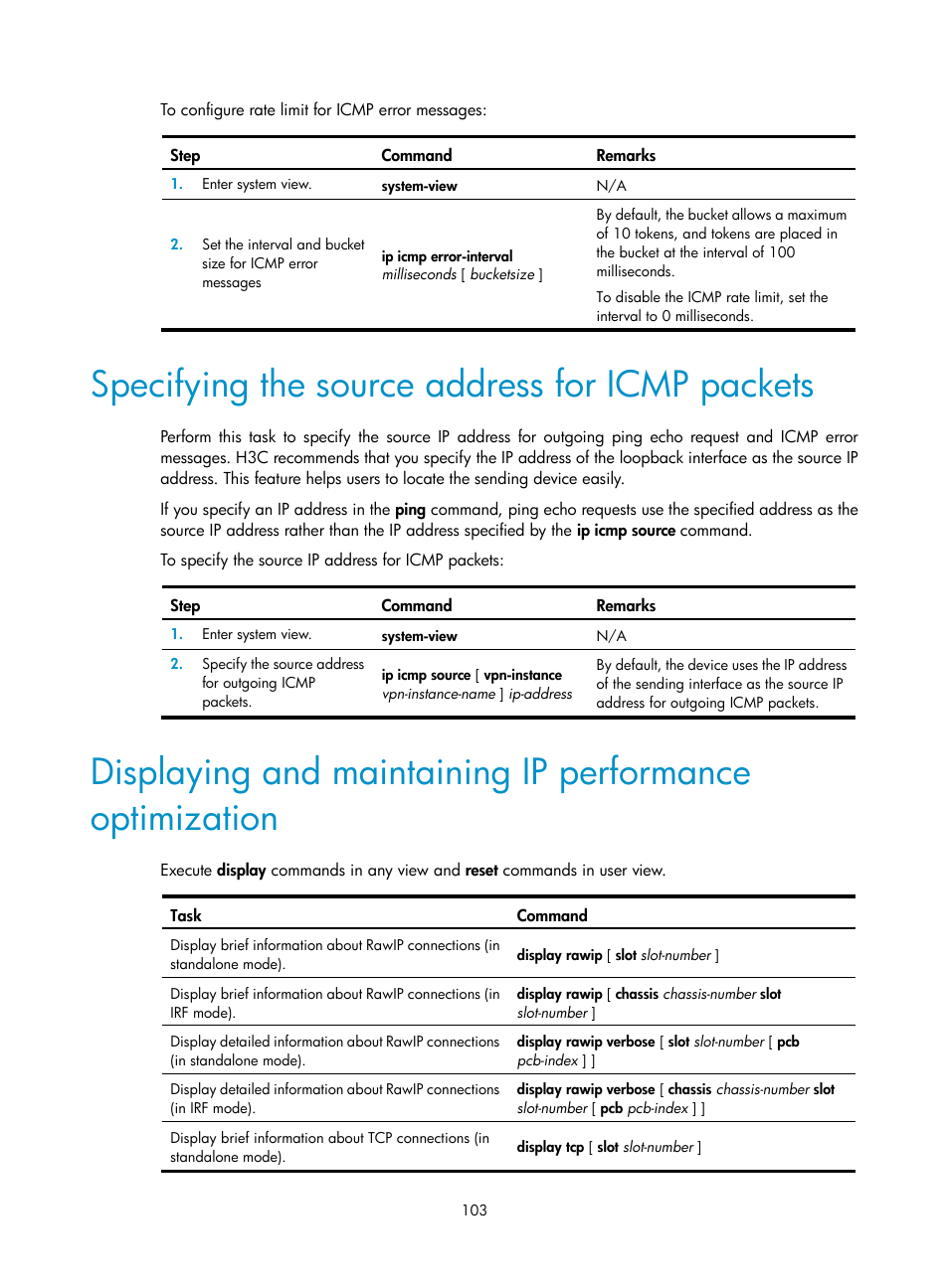 Specifying the source address for icmp packets, Configuring option 82 | H3C Technologies H3C S12500-X Series Switches User Manual | Page 114 / 206