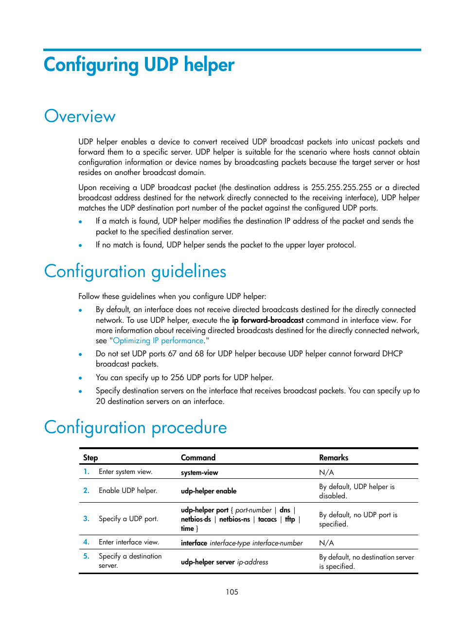 Configuring udp helper, Overview, Configuration guidelines | Configuration procedure | H3C Technologies H3C S12500-X Series Switches User Manual | Page 116 / 206