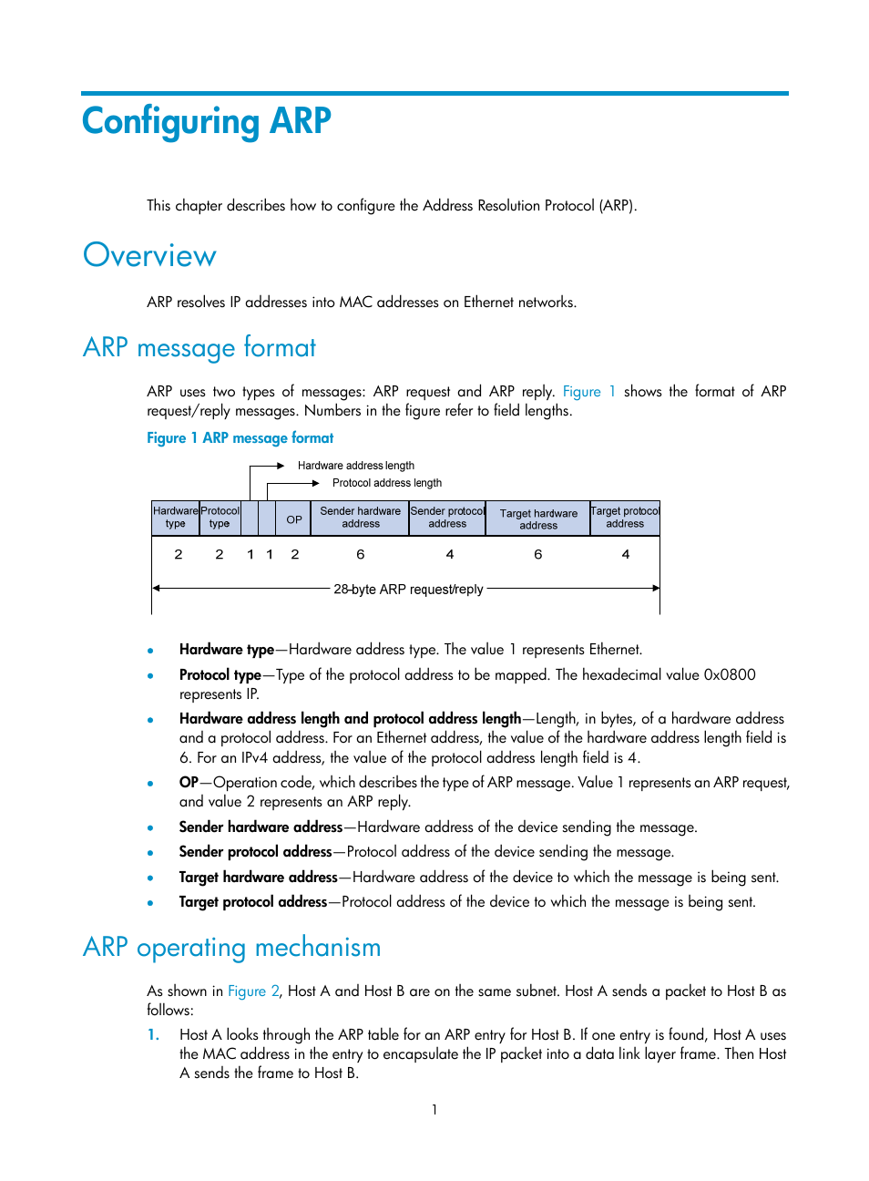 Configuring arp, Overview, Arp message format | Arp operating mechanism | H3C Technologies H3C S12500-X Series Switches User Manual | Page 12 / 206