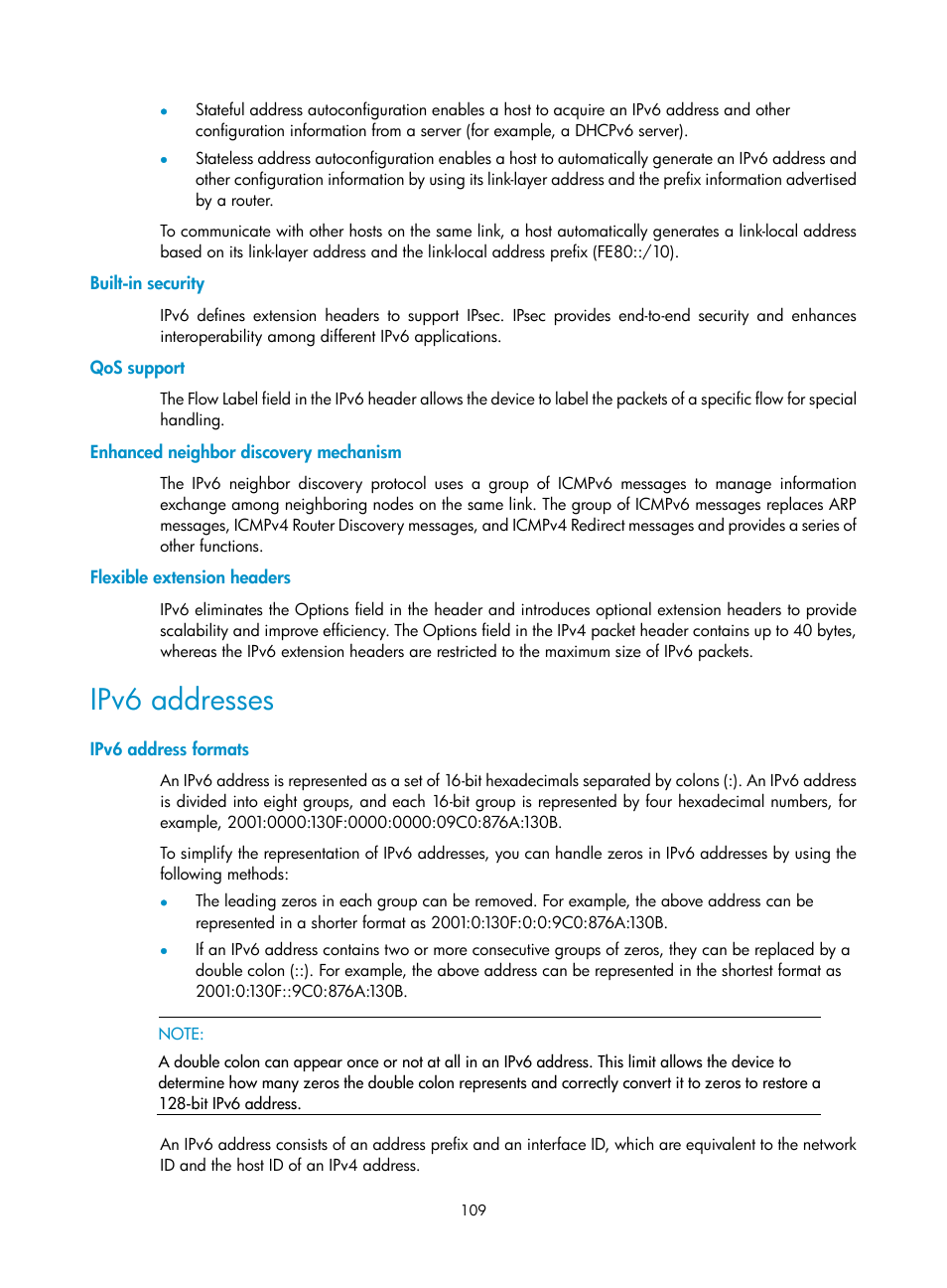 Built-in security, Qos support, Enhanced neighbor discovery mechanism | Flexible extension headers, Ipv6 addresses, Ipv6 address formats, Configuring dhcp packet rate limit | H3C Technologies H3C S12500-X Series Switches User Manual | Page 120 / 206