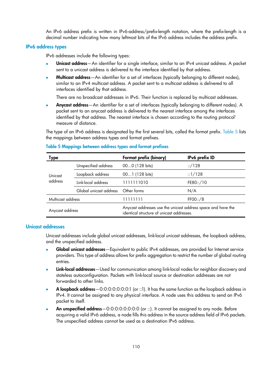 Ipv6 address types, Unicast addresses, Displaying and maintaining dhcp snooping | H3C Technologies H3C S12500-X Series Switches User Manual | Page 121 / 206