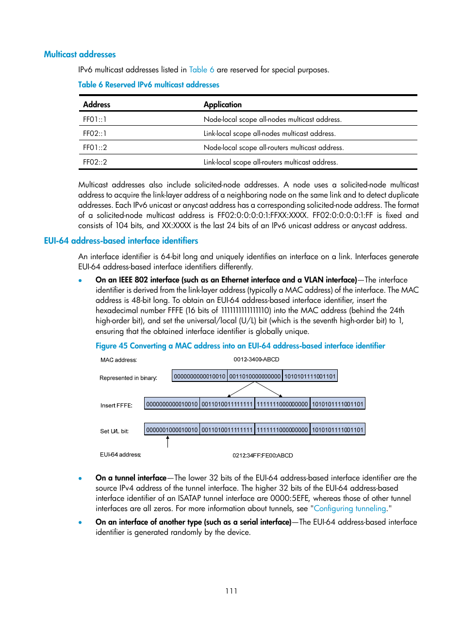 Multicast addresses, Eui-64 address-based interface identifiers | H3C Technologies H3C S12500-X Series Switches User Manual | Page 122 / 206