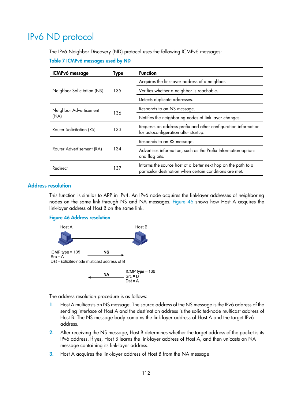 Ipv6 nd protocol, Address resolution, Dhcp snooping configuration examples | Basic dhcp snooping configuration example | H3C Technologies H3C S12500-X Series Switches User Manual | Page 123 / 206