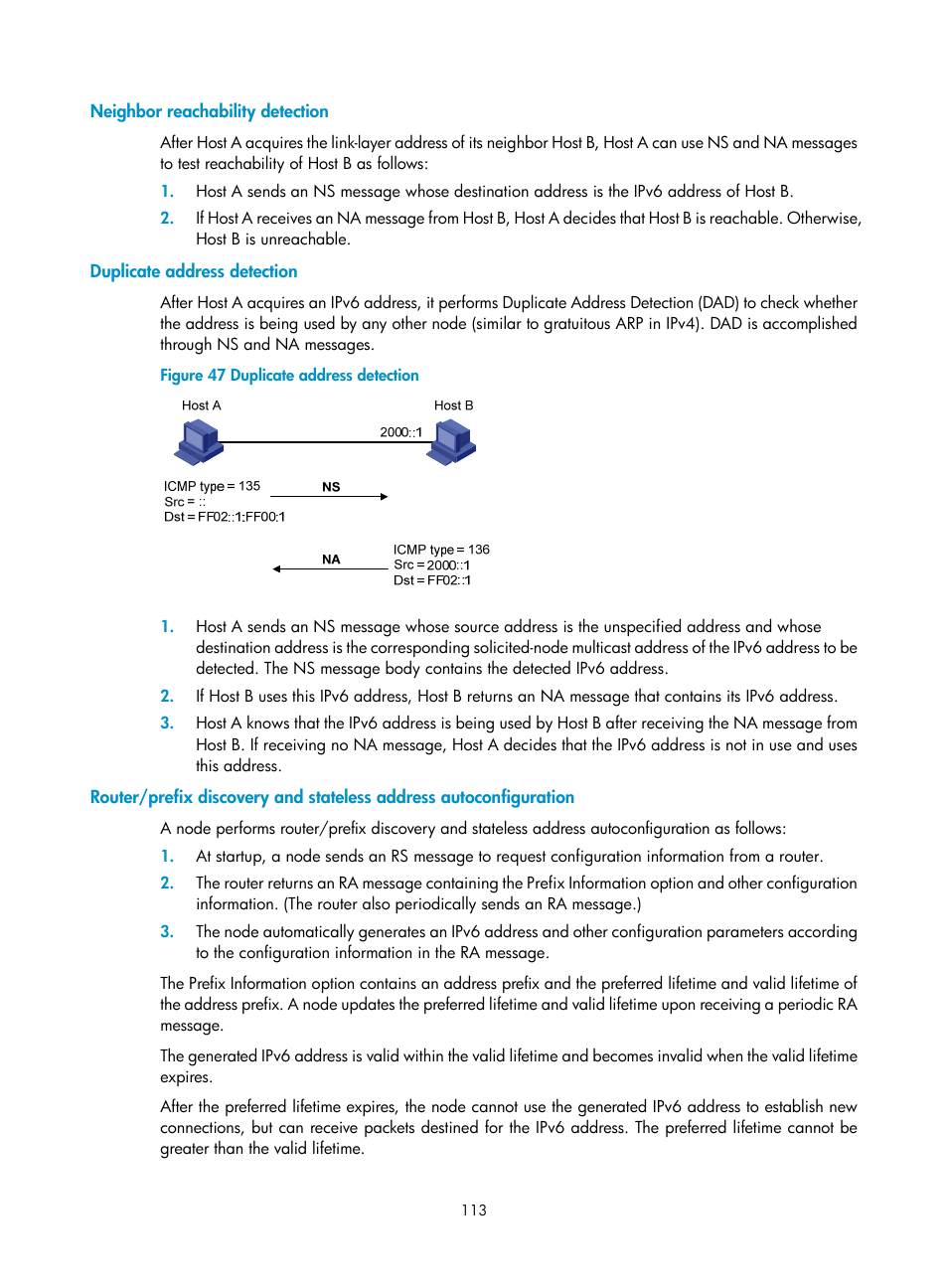 Neighbor reachability detection, Duplicate address detection, Option 82 configuration example | H3C Technologies H3C S12500-X Series Switches User Manual | Page 124 / 206
