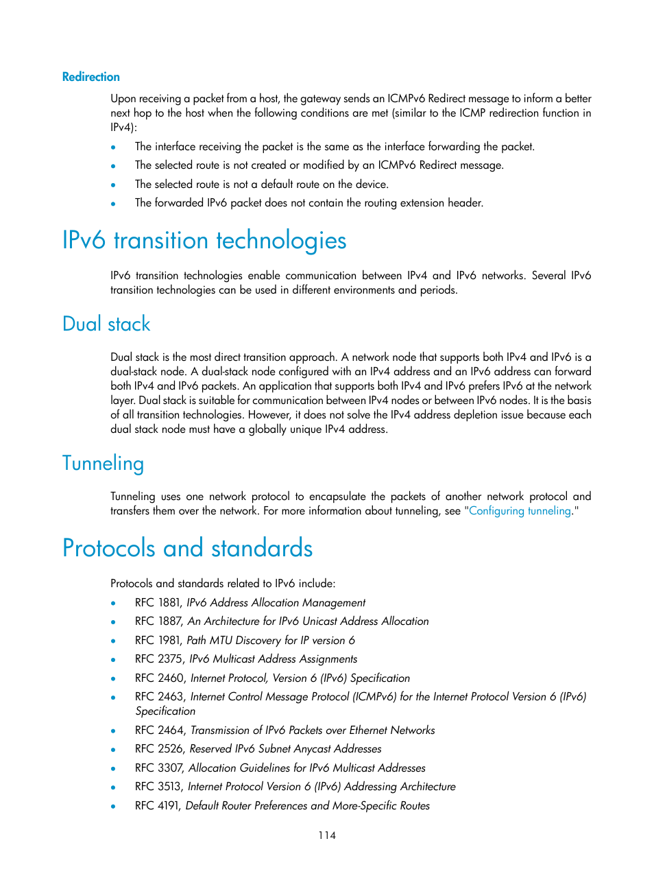 Redirection, Ipv6 transition technologies, Dual stack | Tunneling, Protocols and standards | H3C Technologies H3C S12500-X Series Switches User Manual | Page 125 / 206