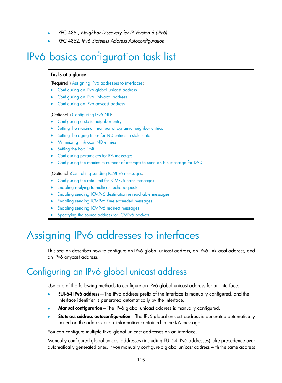 Ipv6 basics configuration task list, Assigning ipv6 addresses to interfaces, Configuring an ipv6 global unicast address | H3C Technologies H3C S12500-X Series Switches User Manual | Page 126 / 206