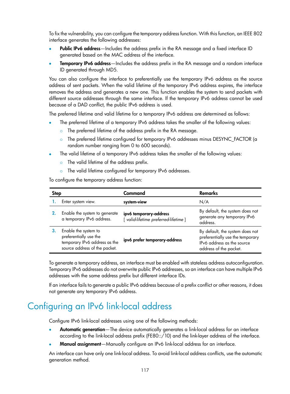 Configuring an ipv6 link-local address, Static domain name resolution, Dynamic domain name resolution | H3C Technologies H3C S12500-X Series Switches User Manual | Page 128 / 206