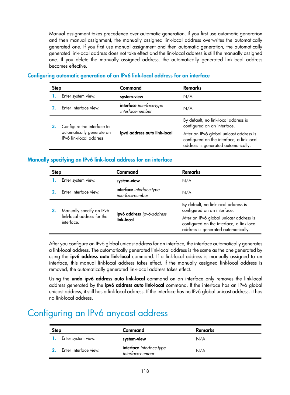 Configuring an ipv6 anycast address | H3C Technologies H3C S12500-X Series Switches User Manual | Page 129 / 206