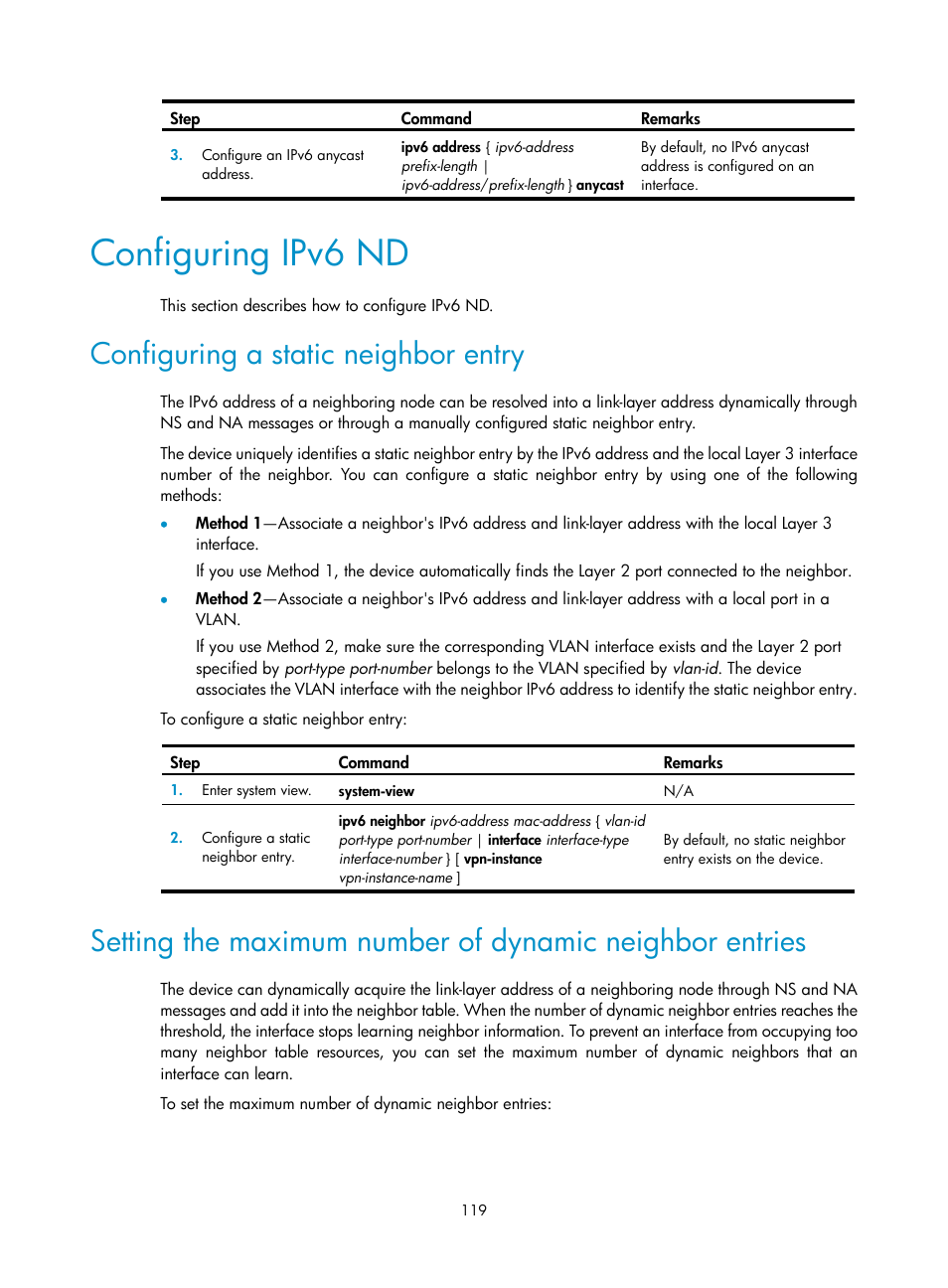 Configuring ipv6 nd, Configuring a static neighbor entry, Dns configuration task list | Configuring the ipv4 dns client | H3C Technologies H3C S12500-X Series Switches User Manual | Page 130 / 206