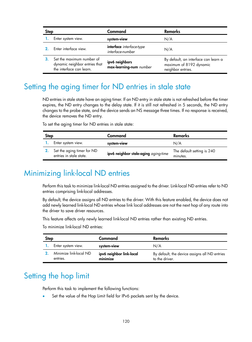 Minimizing link-local nd entries, Setting the hop limit, Configuring static domain name resolution | Configuring dynamic domain name resolution | H3C Technologies H3C S12500-X Series Switches User Manual | Page 131 / 206