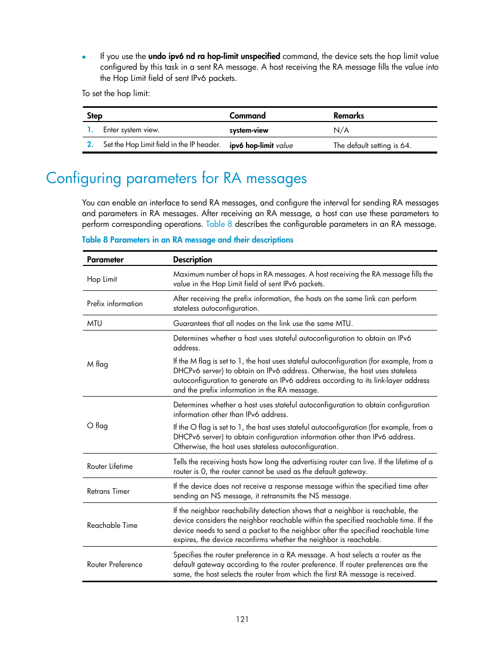 Configuring parameters for ra messages, Configuring the ipv6 dns client | H3C Technologies H3C S12500-X Series Switches User Manual | Page 132 / 206