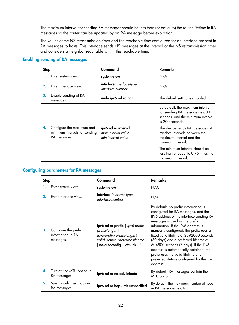 Enabling sending of ra messages, Configuring parameters for ra messages, Configuring static domain name resolution | H3C Technologies H3C S12500-X Series Switches User Manual | Page 133 / 206