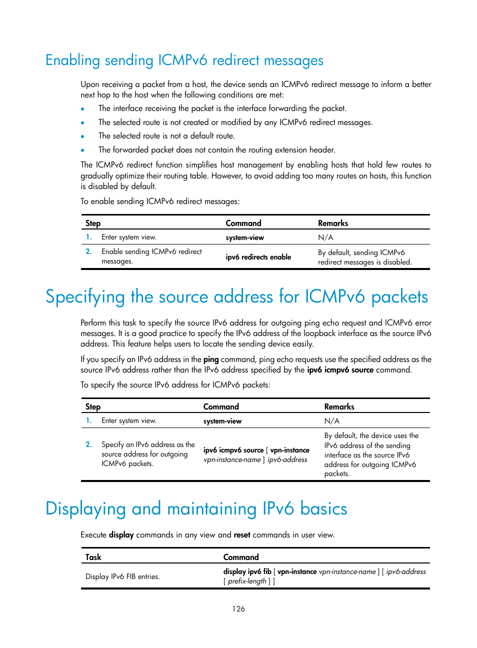 Enabling sending icmpv6 redirect messages, Specifying the source address for icmpv6 packets, Displaying and maintaining ipv6 basics | Setting the dscp value for outgoing dns packets, Displaying and maintaining ipv4 dns | H3C Technologies H3C S12500-X Series Switches User Manual | Page 137 / 206