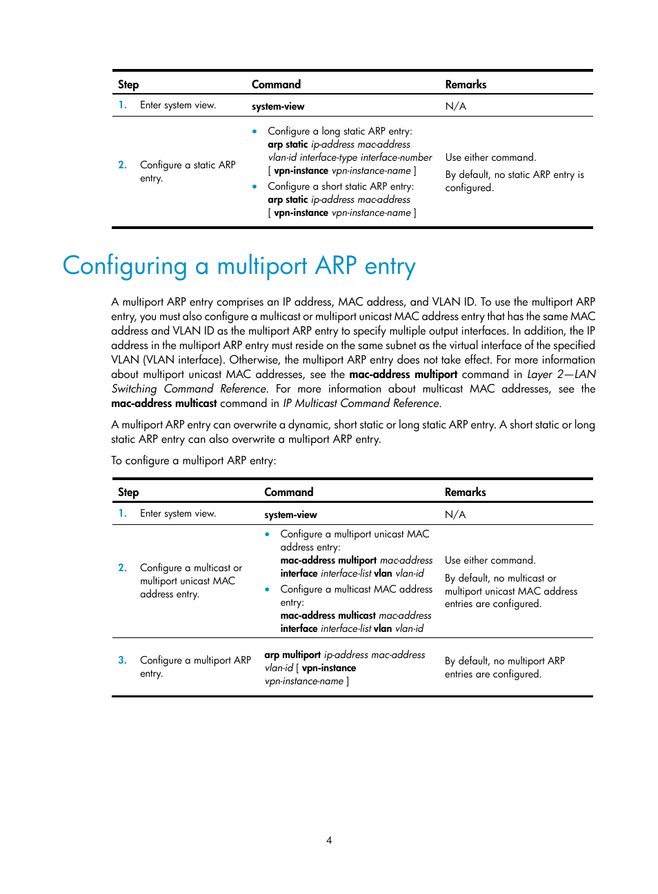 Configuring a multiport arp entry, Configuring a static arp entry | H3C Technologies H3C S12500-X Series Switches User Manual | Page 15 / 206