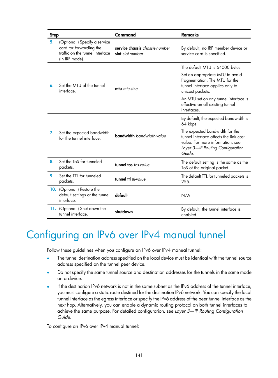 Configuring an ipv6 over ipv4 manual tunnel, Displaying fib table entries | H3C Technologies H3C S12500-X Series Switches User Manual | Page 152 / 206