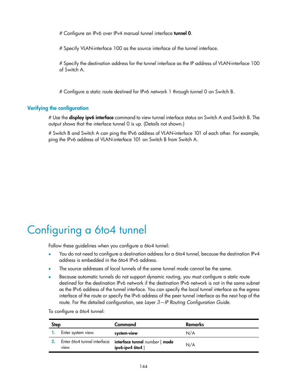 Verifying the configuration, Configuring a 6to4 tunnel | H3C Technologies H3C S12500-X Series Switches User Manual | Page 155 / 206