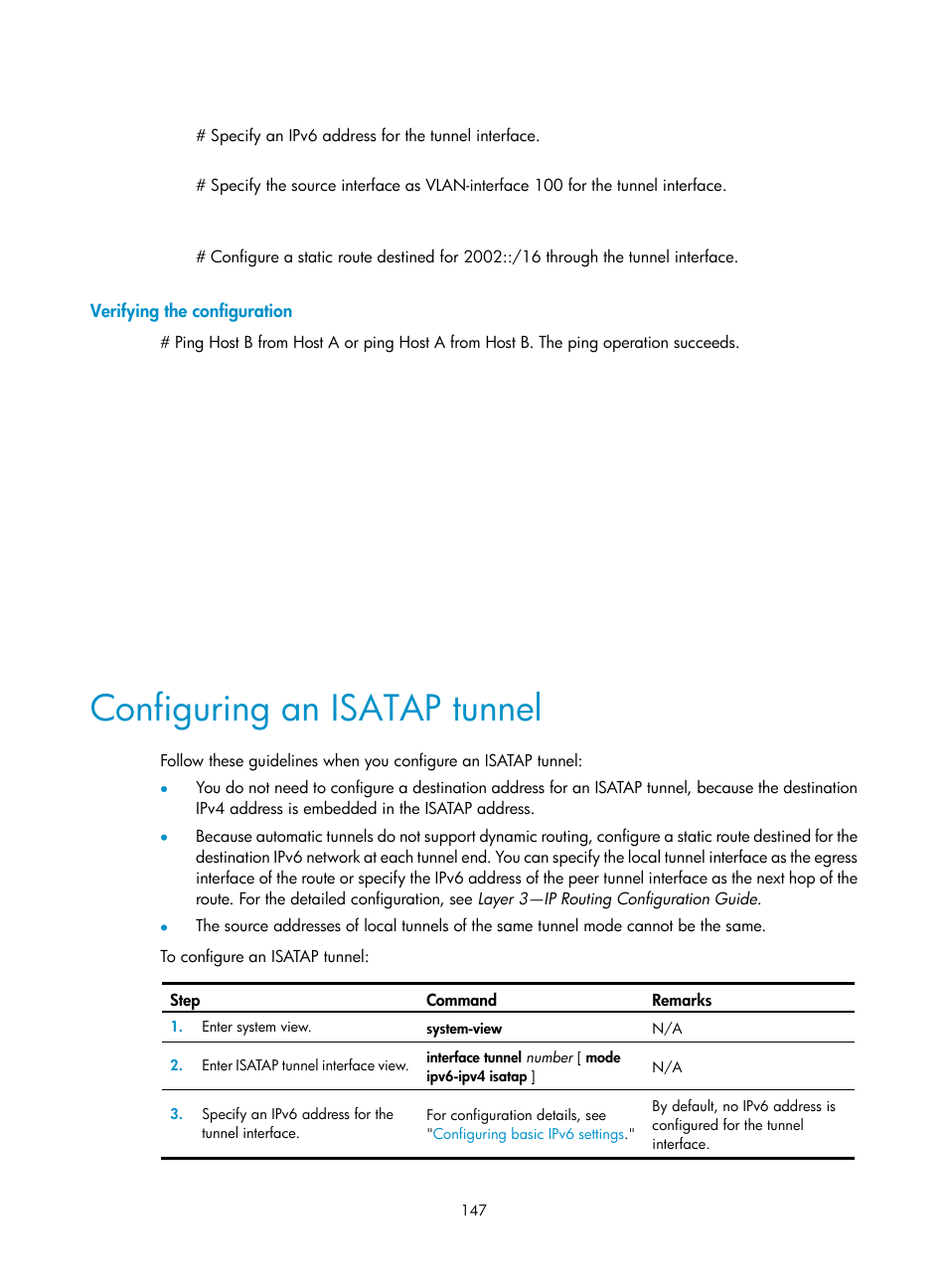 Verifying the configuration, Configuring an isatap tunnel, Configuration procedure | H3C Technologies H3C S12500-X Series Switches User Manual | Page 158 / 206