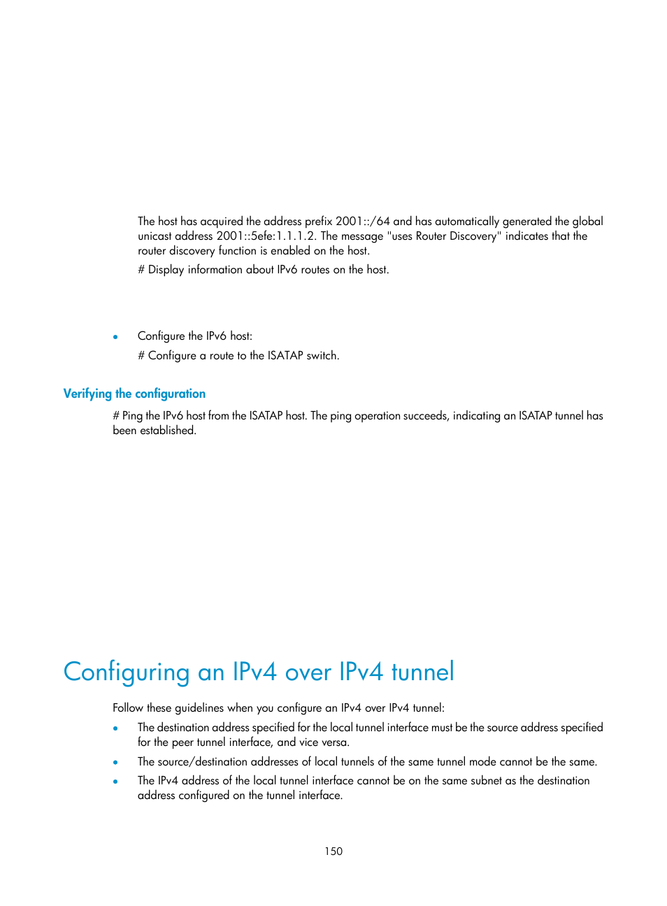 Verifying the configuration, Configuring an ipv4 over ipv4 tunnel | H3C Technologies H3C S12500-X Series Switches User Manual | Page 161 / 206