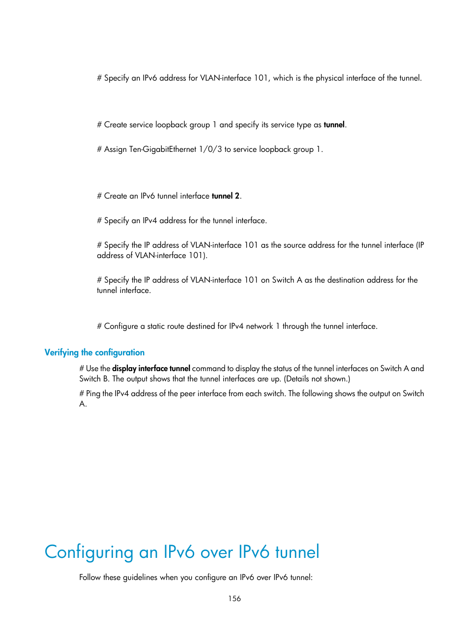 Verifying the configuration, Configuring an ipv6 over ipv6 tunnel, Configuring rate limit for icmp error messages | H3C Technologies H3C S12500-X Series Switches User Manual | Page 167 / 206