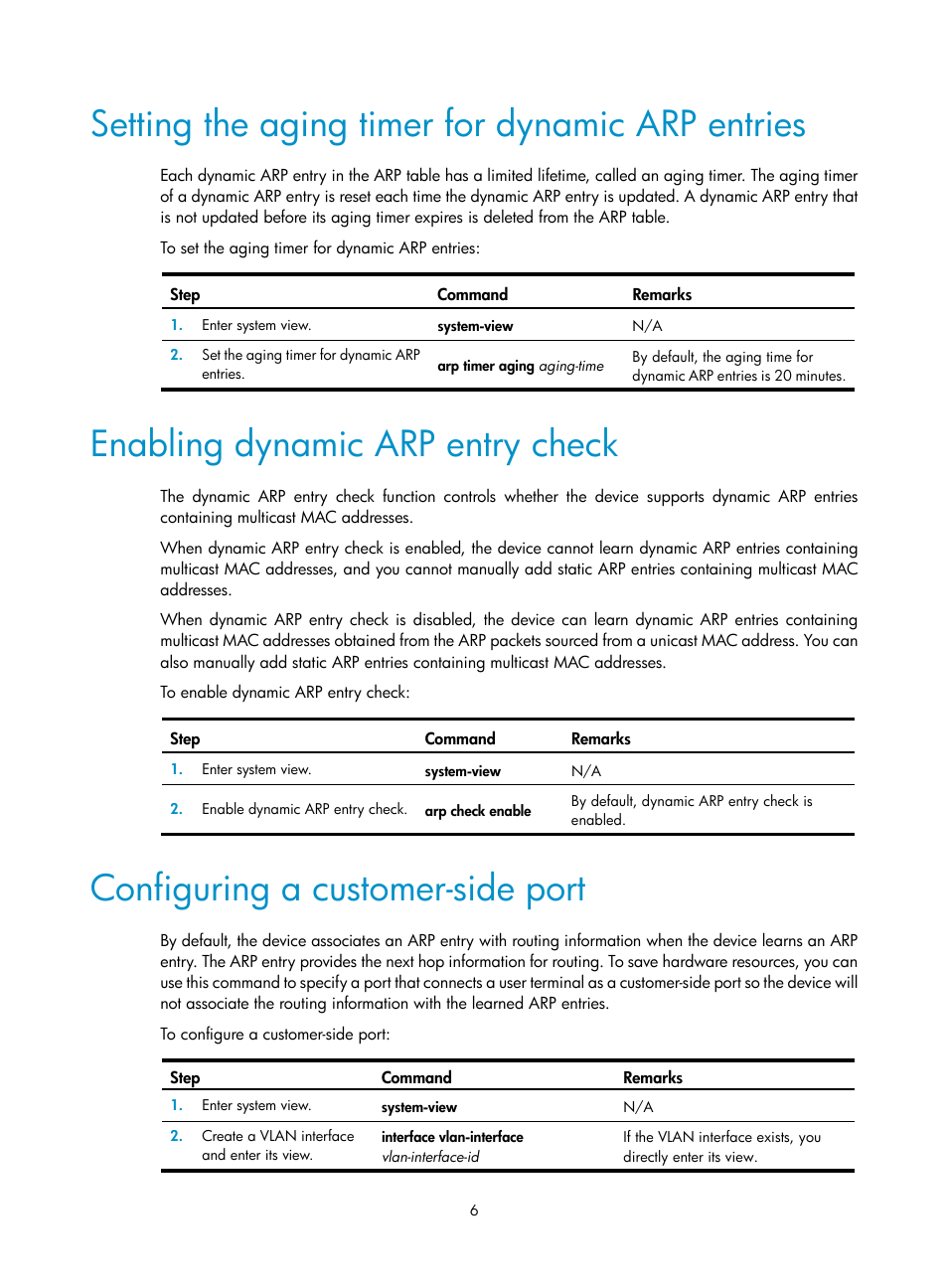 Setting the aging timer for dynamic arp entries, Enabling dynamic arp entry check, Configuring a customer-side port | H3C Technologies H3C S12500-X Series Switches User Manual | Page 17 / 206