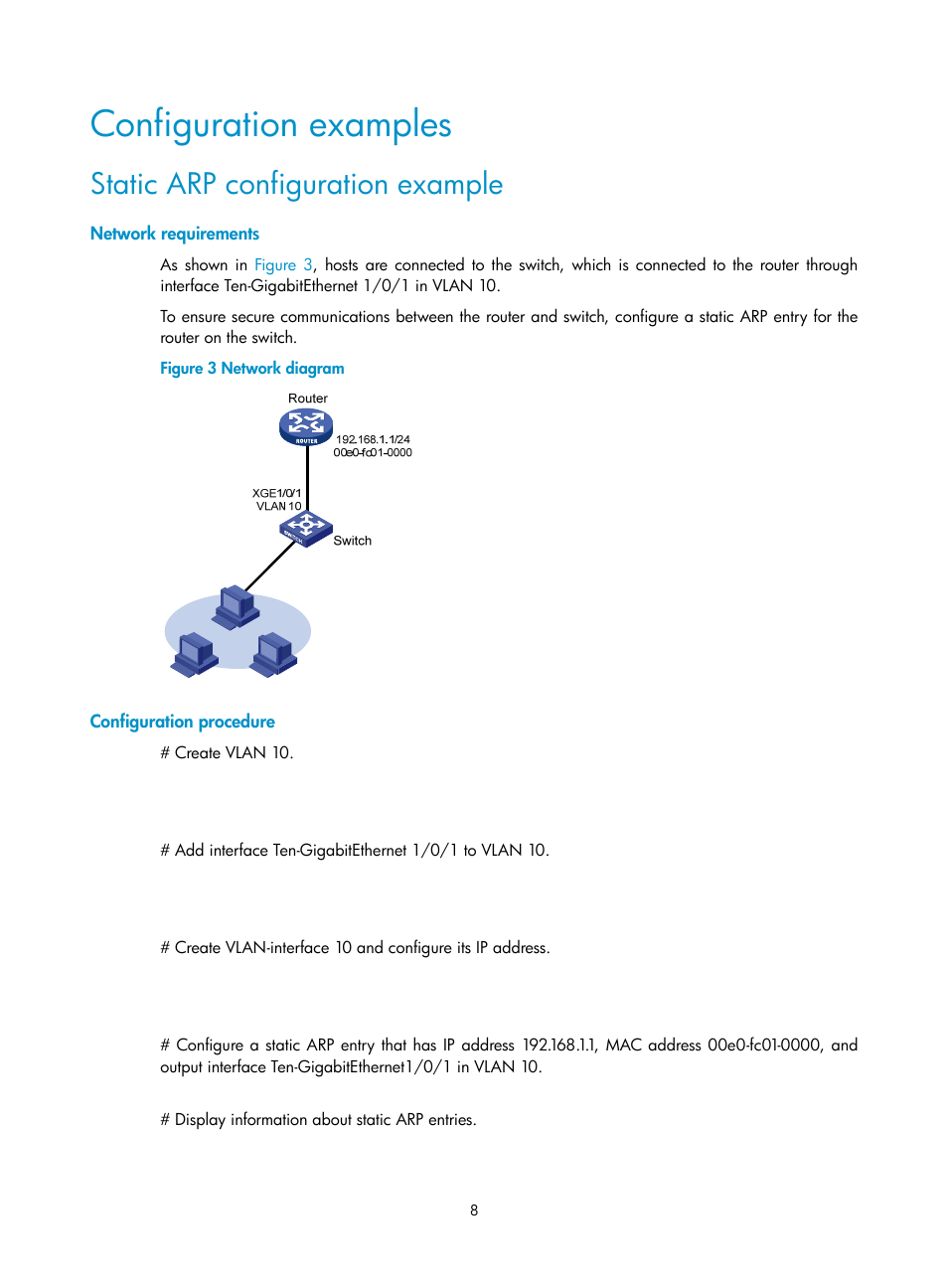 Configuration examples, Static arp configuration example, Network requirements | Configuration procedure, Setting the aging timer for dynamic arp entries | H3C Technologies H3C S12500-X Series Switches User Manual | Page 19 / 206