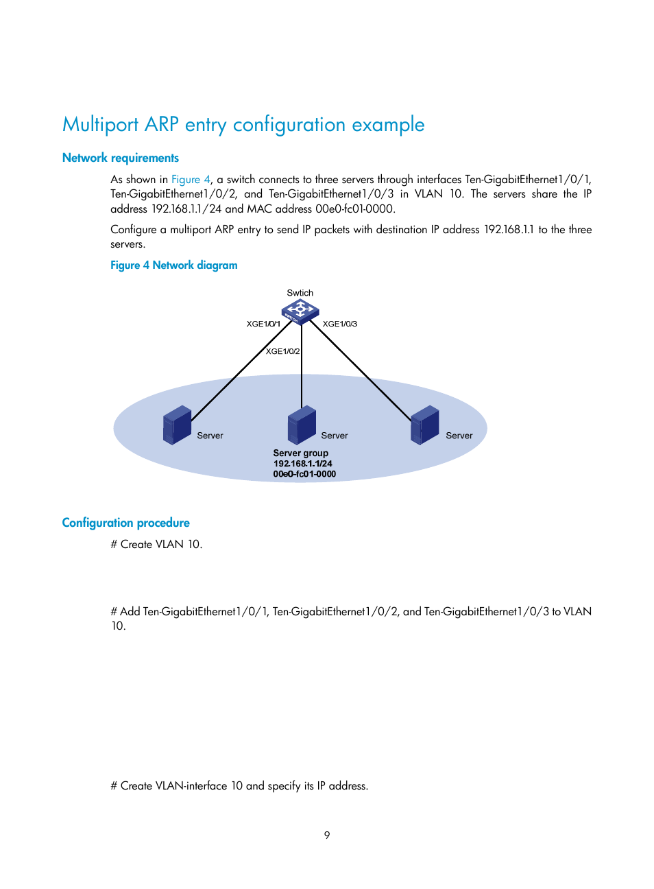 Multiport arp entry configuration example, Network requirements, Configuration procedure | Enabling dynamic arp entry check, Configuring a customer-side port | H3C Technologies H3C S12500-X Series Switches User Manual | Page 20 / 206