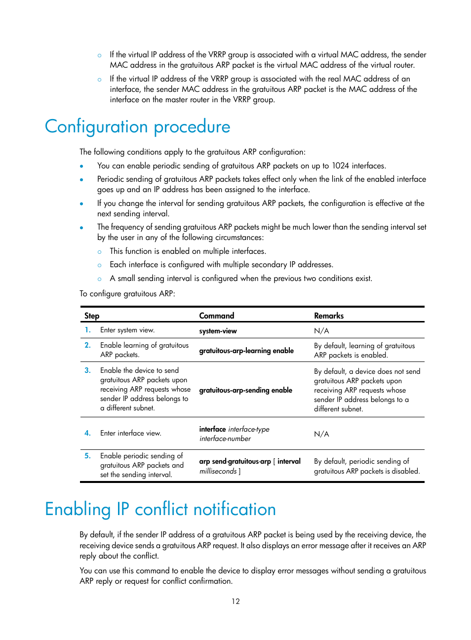 Configuration procedure, Enabling ip conflict notification, Static arp configuration example | H3C Technologies H3C S12500-X Series Switches User Manual | Page 23 / 206