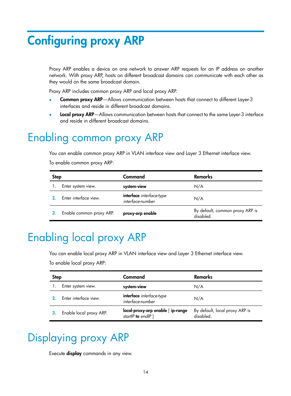 Configuring proxy arp, Enabling common proxy arp, Enabling local proxy arp | Displaying proxy arp | H3C Technologies H3C S12500-X Series Switches User Manual | Page 25 / 206