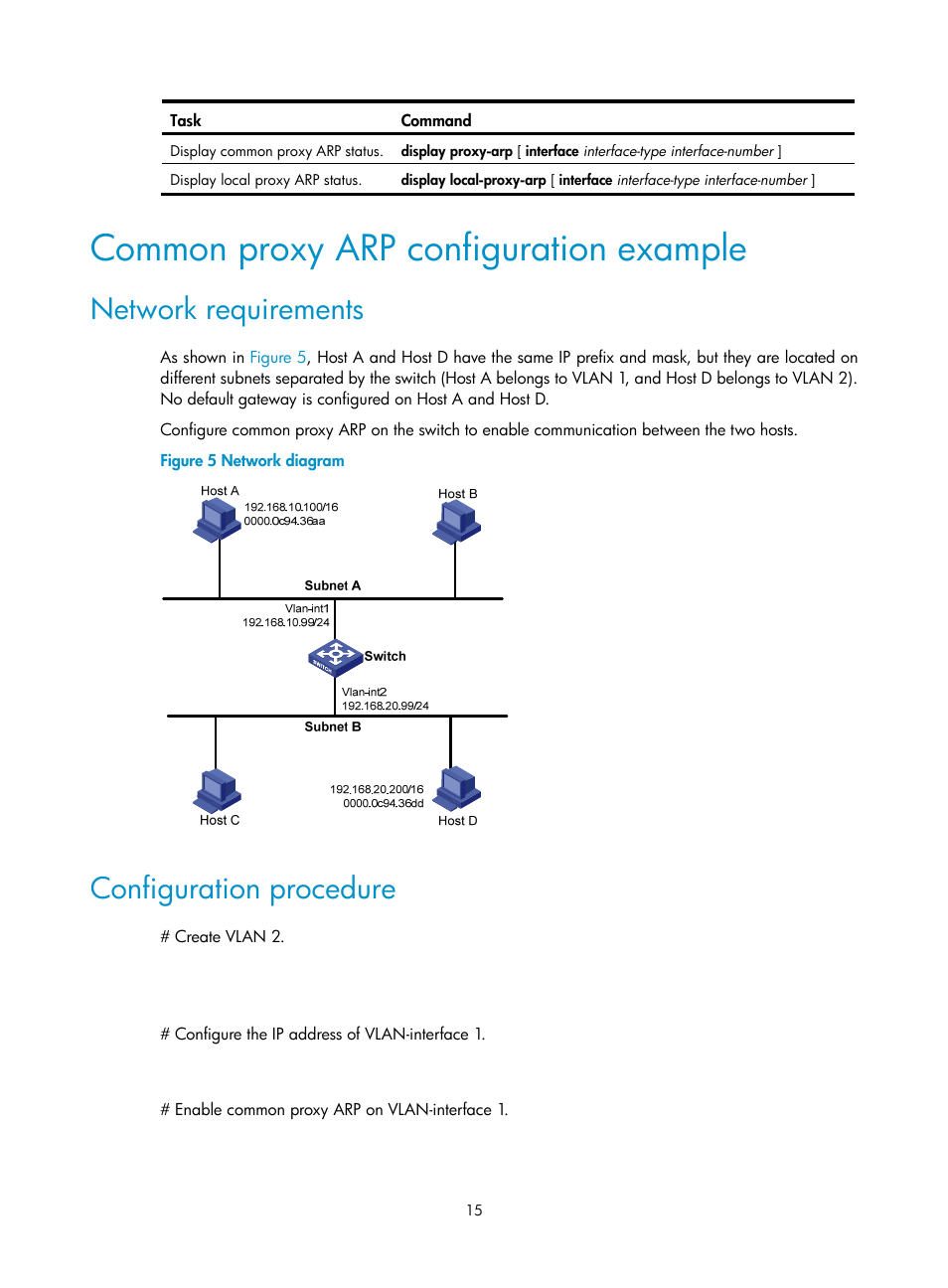 Common proxy arp configuration example, Network requirements, Configuration procedure | H3C Technologies H3C S12500-X Series Switches User Manual | Page 26 / 206