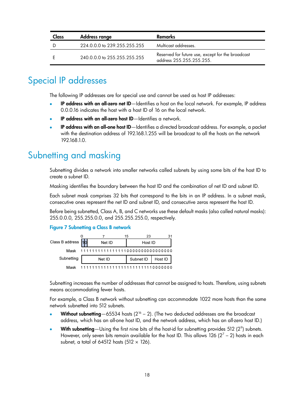 Special ip addresses, Subnetting and masking, Configuration procedure | H3C Technologies H3C S12500-X Series Switches User Manual | Page 29 / 206