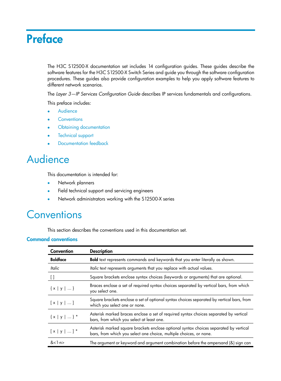 Preface, Audience, Conventions | Command conventions | H3C Technologies H3C S12500-X Series Switches User Manual | Page 3 / 206