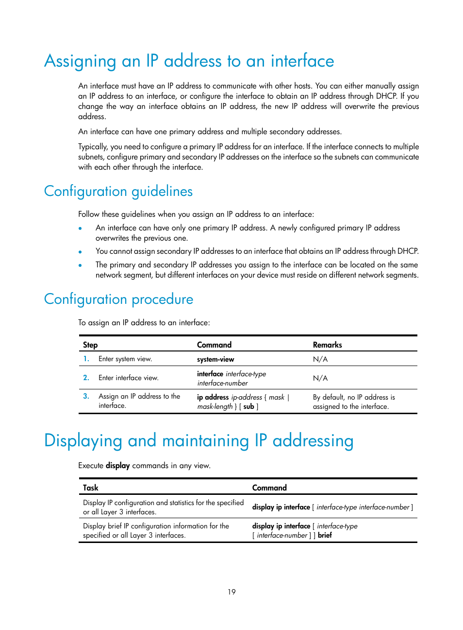 Assigning an ip address to an interface, Configuration guidelines, Configuration procedure | Displaying and maintaining ip addressing, Enabling ip conflict notification | H3C Technologies H3C S12500-X Series Switches User Manual | Page 30 / 206