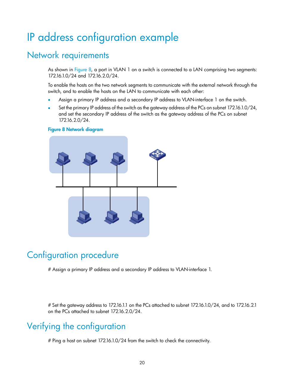 Ip address configuration example, Network requirements, Configuration procedure | Verifying the configuration, Configuring proxy arp | H3C Technologies H3C S12500-X Series Switches User Manual | Page 31 / 206