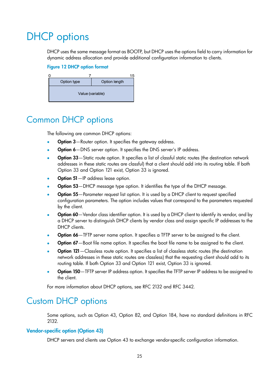 Dhcp options, Common dhcp options, Custom dhcp options | Vendor-specific option (option 43), Configuring ip addressing, Overview, Ip address classes | H3C Technologies H3C S12500-X Series Switches User Manual | Page 36 / 206