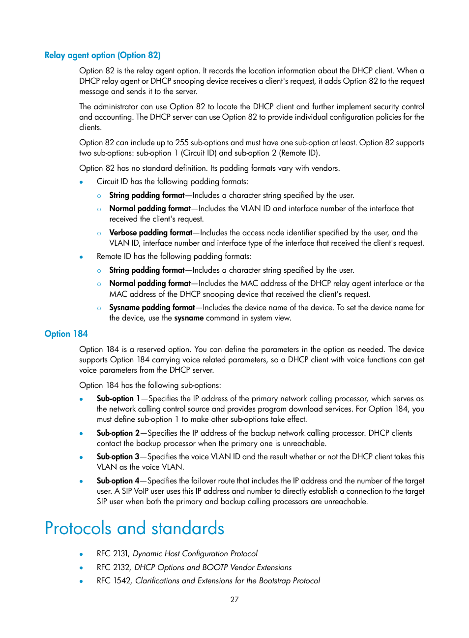 Relay agent option (option 82), Option 184, Protocols and standards | Assigning an ip address to an interface | H3C Technologies H3C S12500-X Series Switches User Manual | Page 38 / 206