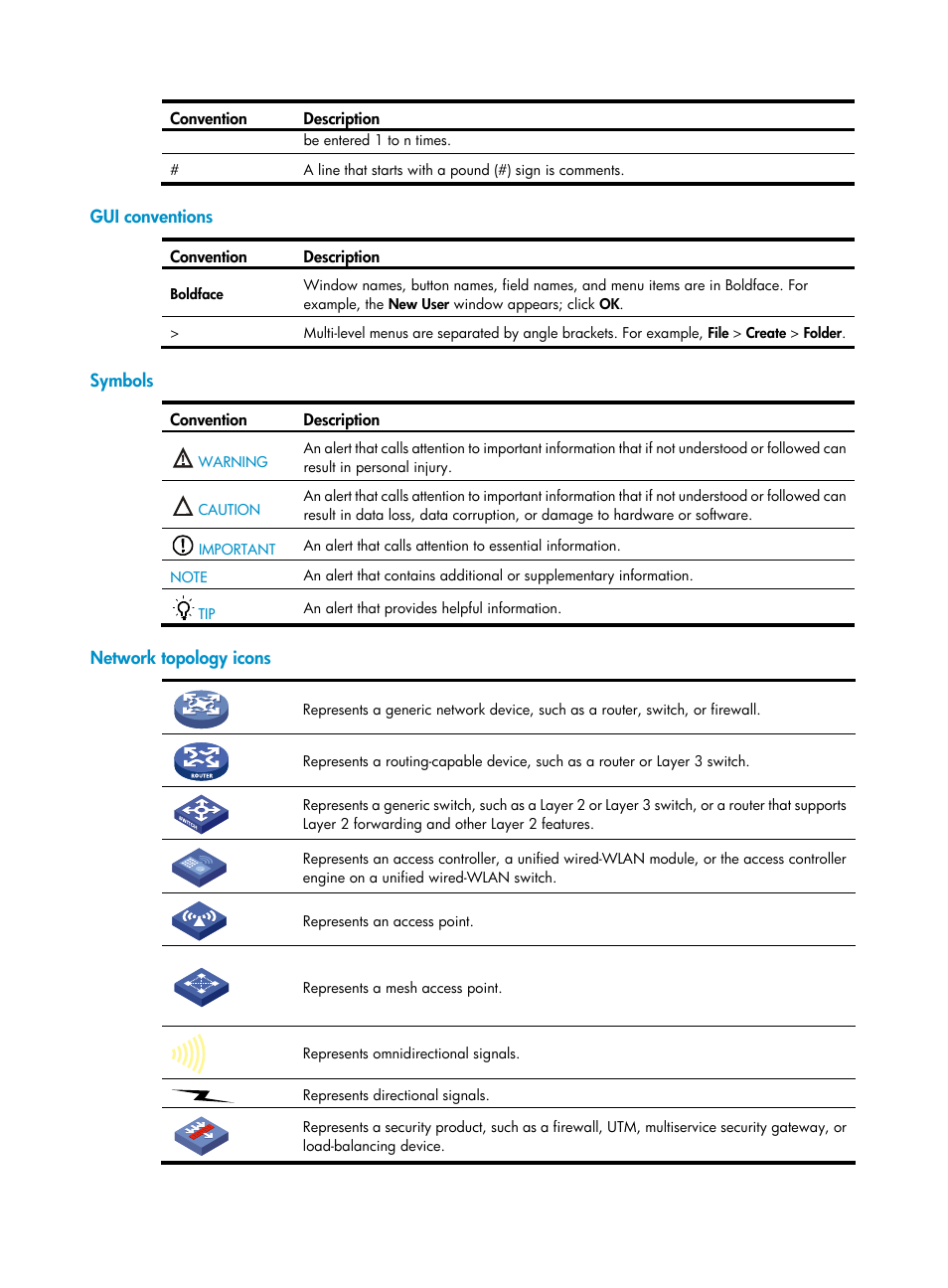 Gui conventions, Symbols, Network topology icons | H3C Technologies H3C S12500-X Series Switches User Manual | Page 4 / 206