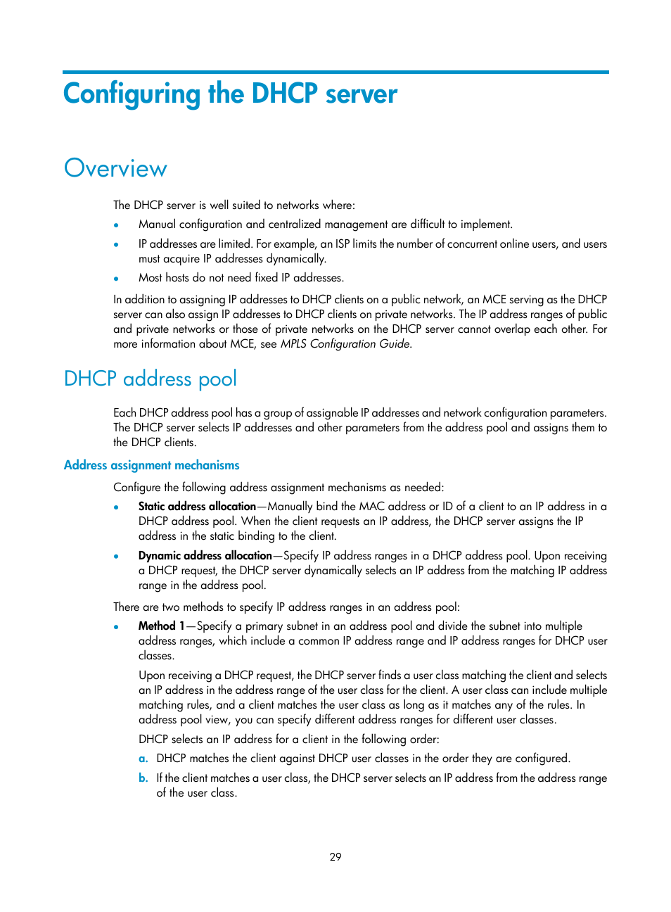 Configuring the dhcp server, Overview, Dhcp address pool | Address assignment mechanisms, Ip address configuration example, Network requirements | H3C Technologies H3C S12500-X Series Switches User Manual | Page 40 / 206