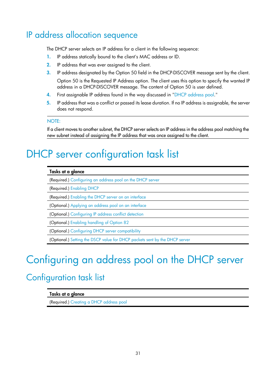 Ip address allocation sequence, Dhcp server configuration task list, Configuring an address pool on the dhcp server | Configuration task list | H3C Technologies H3C S12500-X Series Switches User Manual | Page 42 / 206