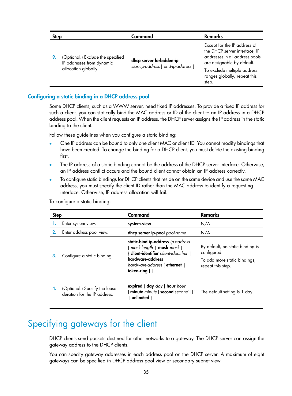 Specifying gateways for the client, Dhcp options | H3C Technologies H3C S12500-X Series Switches User Manual | Page 46 / 206