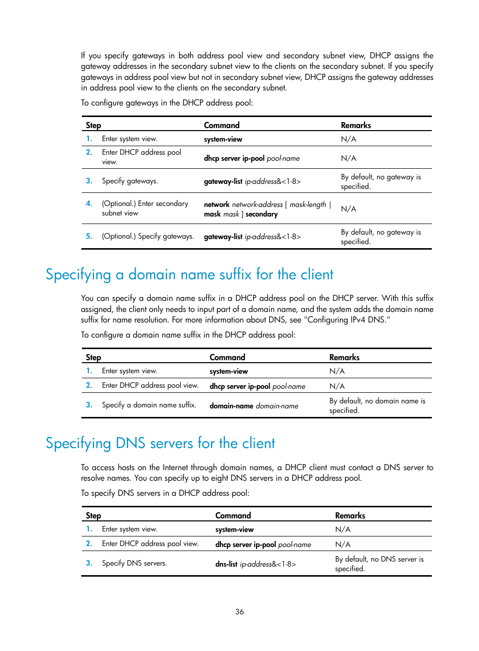 Specifying a domain name suffix for the client, Specifying dns servers for the client | H3C Technologies H3C S12500-X Series Switches User Manual | Page 47 / 206