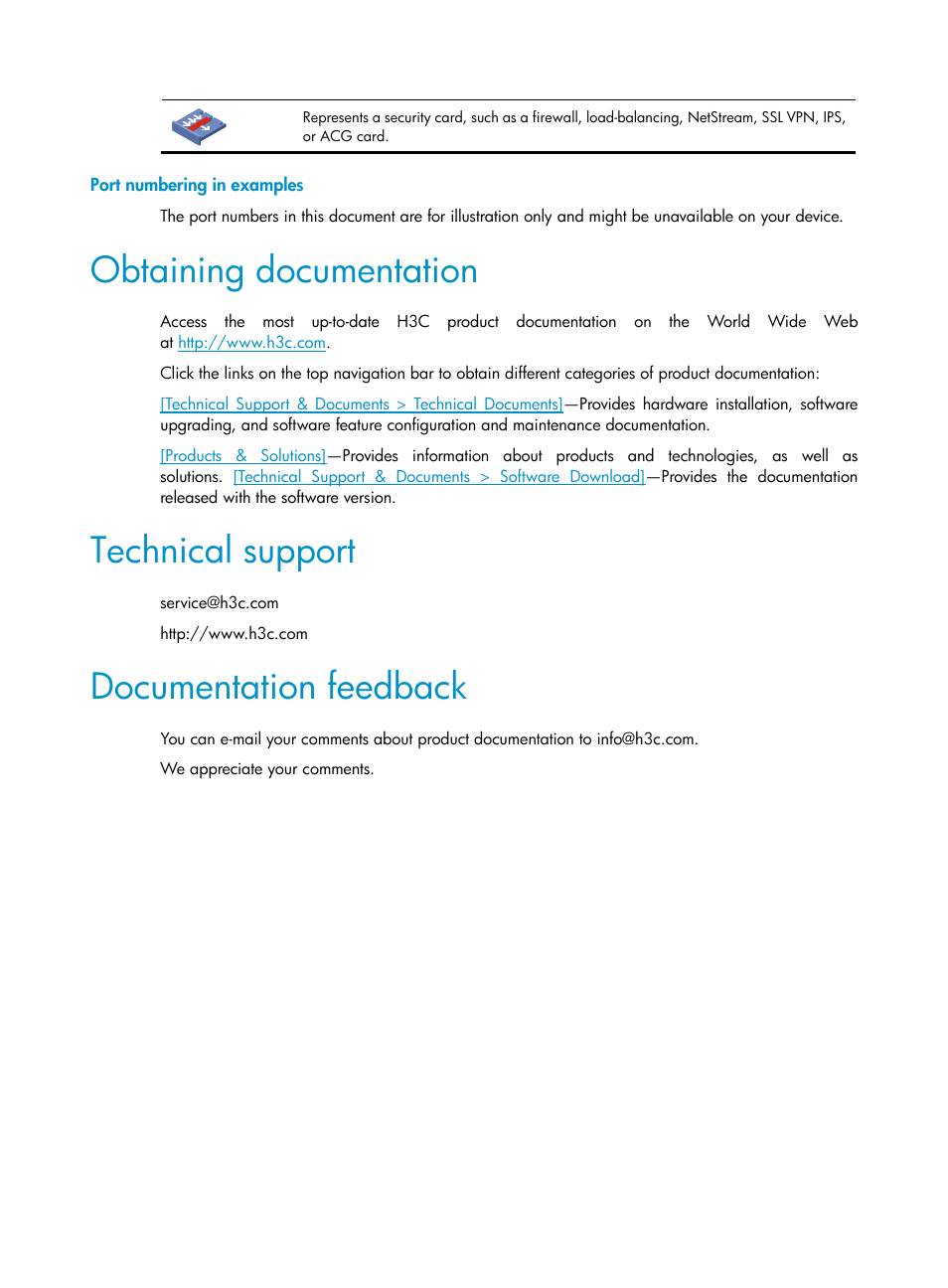 Port numbering in examples, Obtaining documentation, Technical support | Documentation feedback | H3C Technologies H3C S12500-X Series Switches User Manual | Page 5 / 206