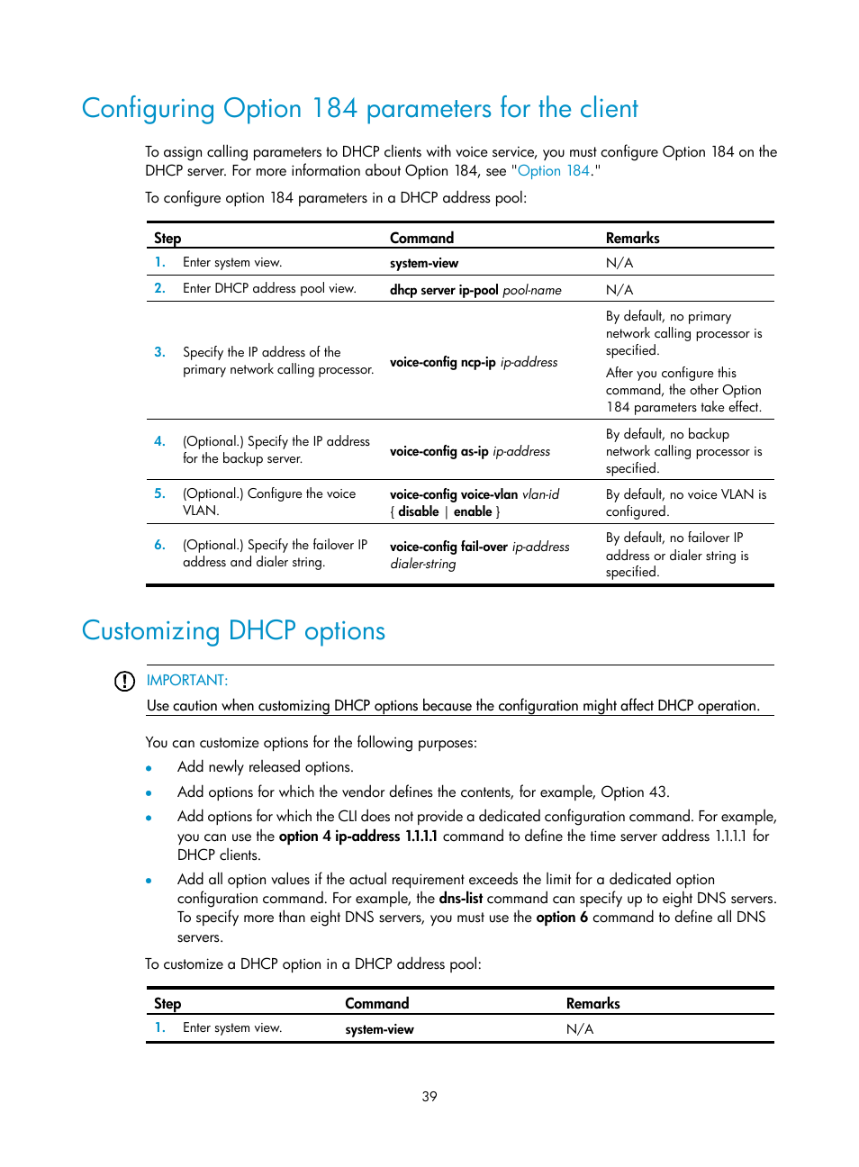 Configuring option 184 parameters for the client, Customizing dhcp options | H3C Technologies H3C S12500-X Series Switches User Manual | Page 50 / 206