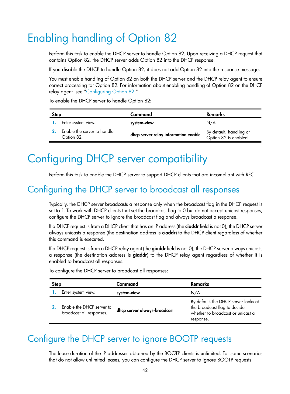 Enabling handling of option 82, Configuring dhcp server compatibility, Configure the dhcp server to ignore bootp requests | H3C Technologies H3C S12500-X Series Switches User Manual | Page 53 / 206