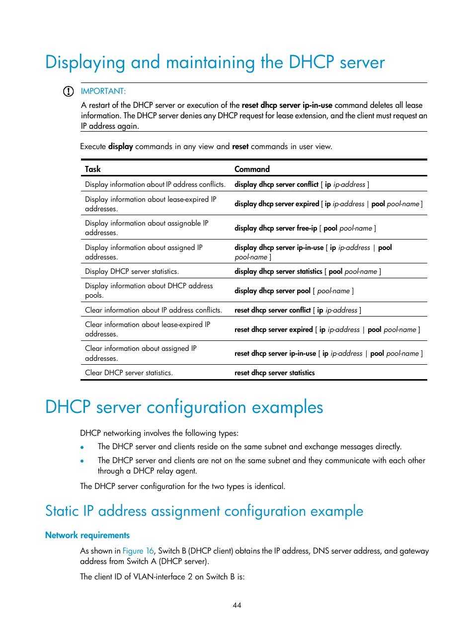 Displaying and maintaining the dhcp server, Dhcp server configuration examples, Static ip address assignment configuration example | Network requirements, Dhcp server configuration task list | H3C Technologies H3C S12500-X Series Switches User Manual | Page 55 / 206