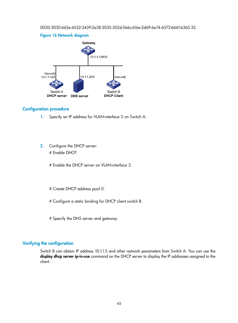 Configuration procedure, Verifying the configuration, Configuring an address pool on the dhcp server | Configuration task list, Creating a dhcp address pool | H3C Technologies H3C S12500-X Series Switches User Manual | Page 56 / 206