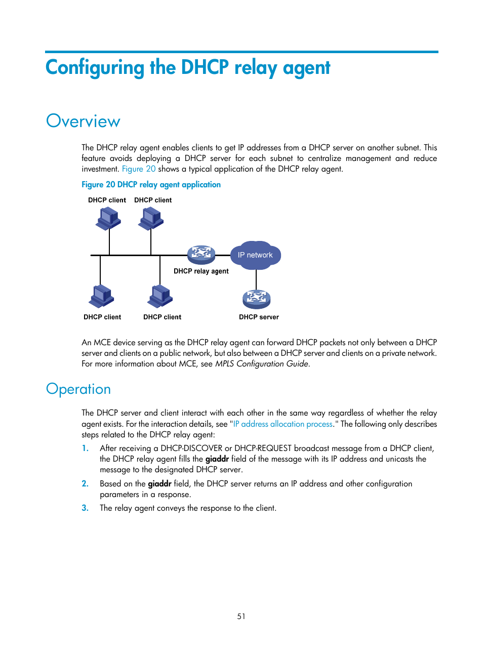 Configuring the dhcp relay agent, Overview, Operation | Specifying a domain name suffix for the client, Specifying dns servers for the client | H3C Technologies H3C S12500-X Series Switches User Manual | Page 62 / 206