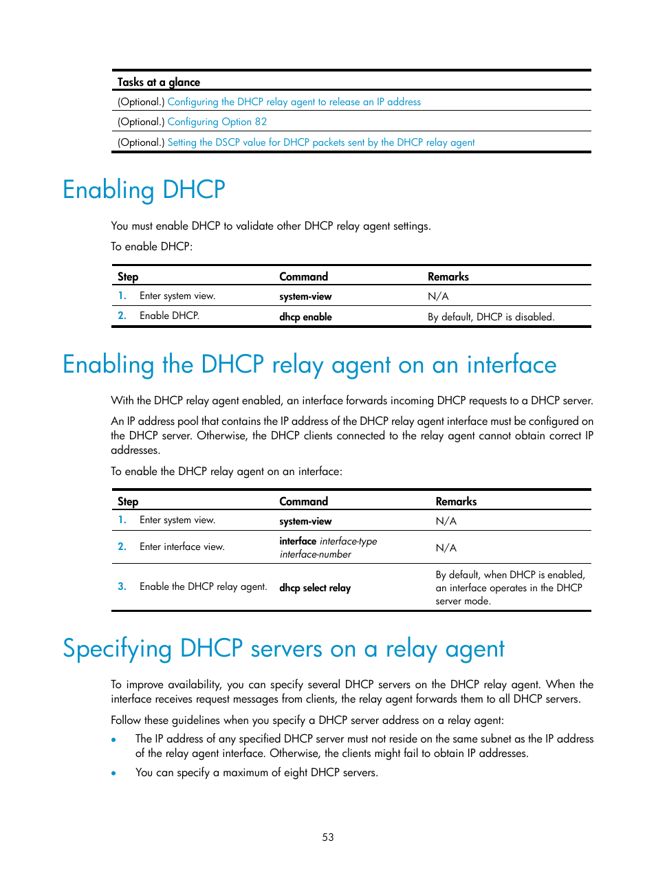 Enabling dhcp, Enabling the dhcp relay agent on an interface, Specifying dhcp servers on a relay agent | Specifying bims server information for the client, Required.) | H3C Technologies H3C S12500-X Series Switches User Manual | Page 64 / 206