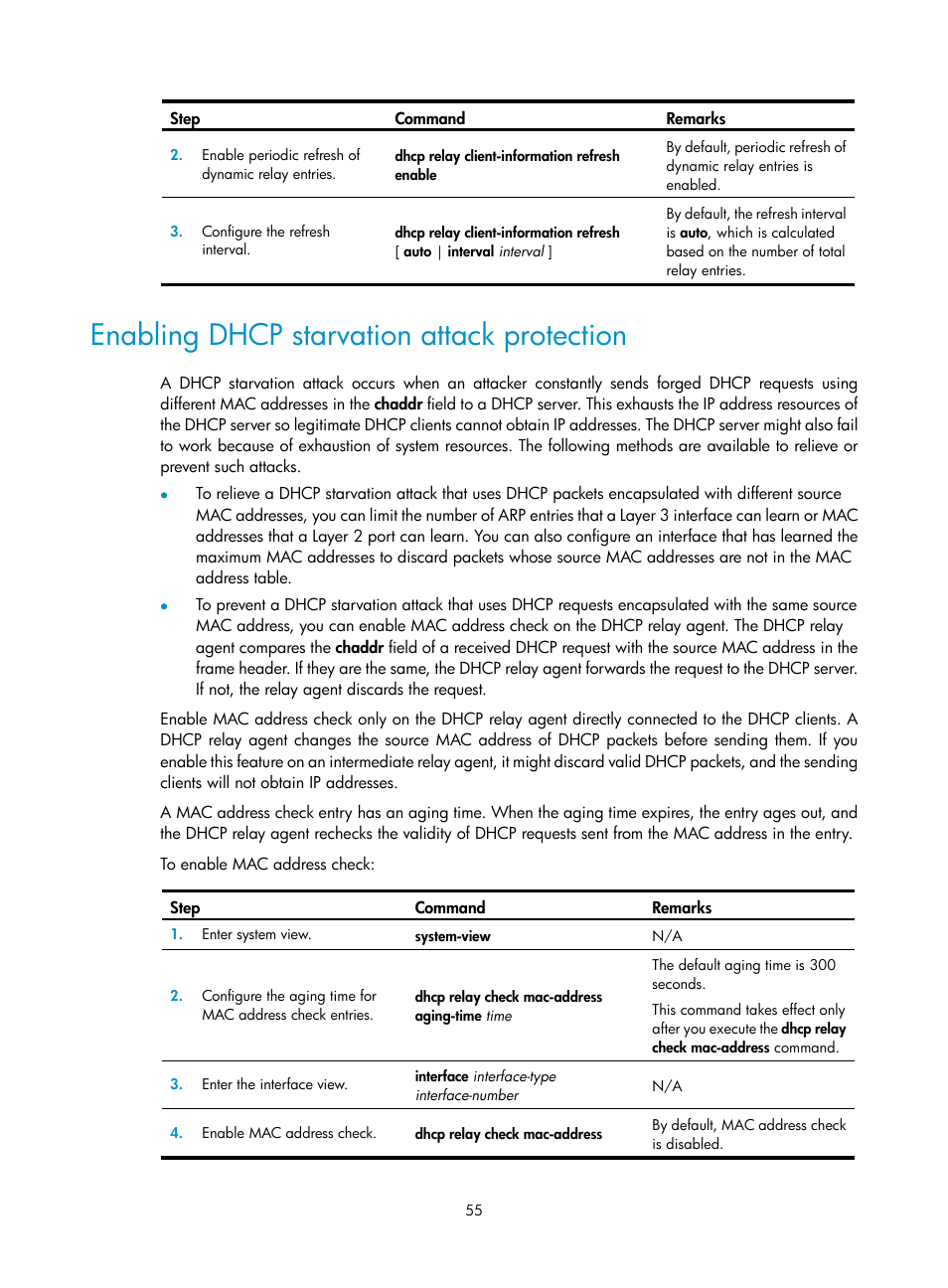 Enabling dhcp starvation attack protection, Specifying a server for the dhcp client, Configuring option 184 parameters for the client | H3C Technologies H3C S12500-X Series Switches User Manual | Page 66 / 206